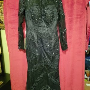 Long Black Rhinestone and Lace Dress w/train.  Size 5